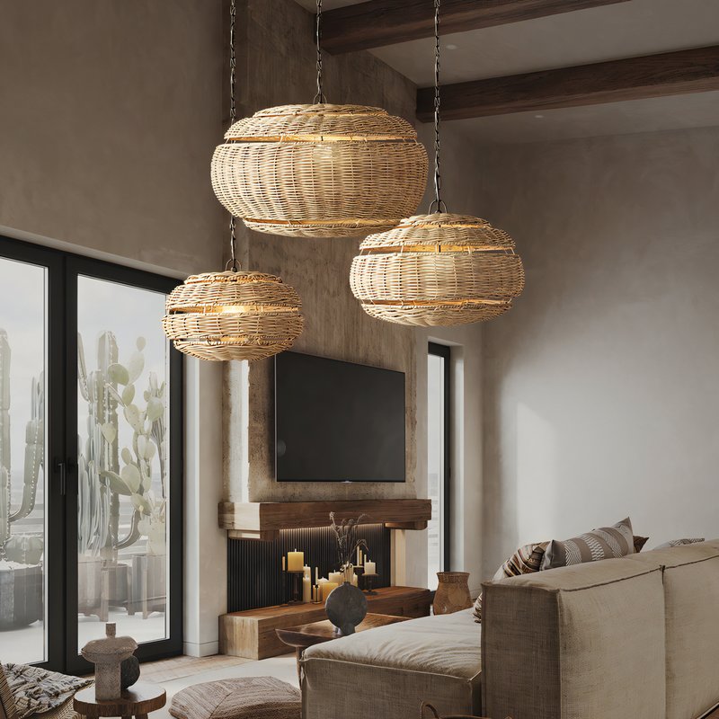 Abat-jours en rotin dans une maison bohème avec une cheminée