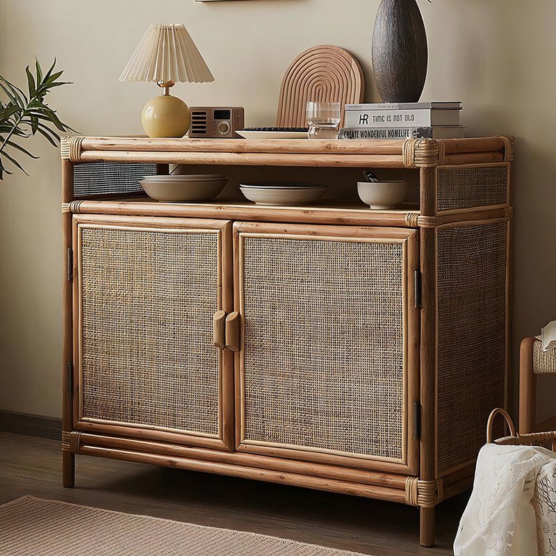 Commode en rotin avec des accessoires de décoration posés dessus