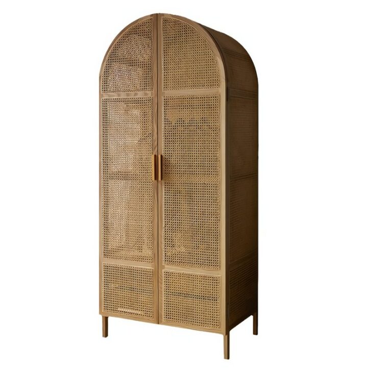 Armoire en rotin et bois forme arc de cercle avec tiroirs et portant LIZY