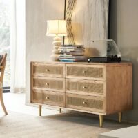 Buffet en rotin et en bois brut clair rétro design chic ALESSIO