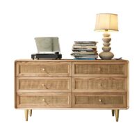 Buffet en rotin et en bois brut clair rétro design chic ALESSIO