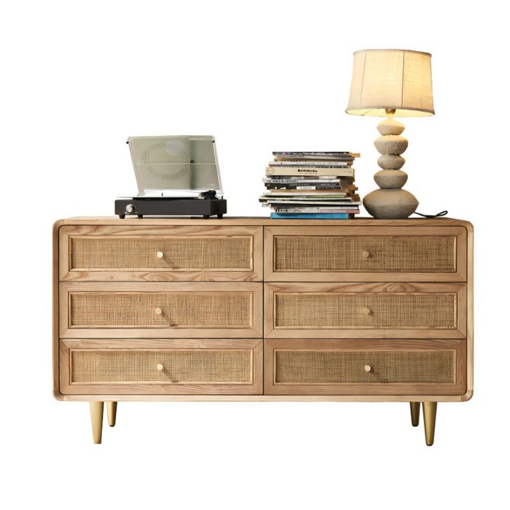 Buffet en rotin et en bois brut clair rétro design chic ALESSIO