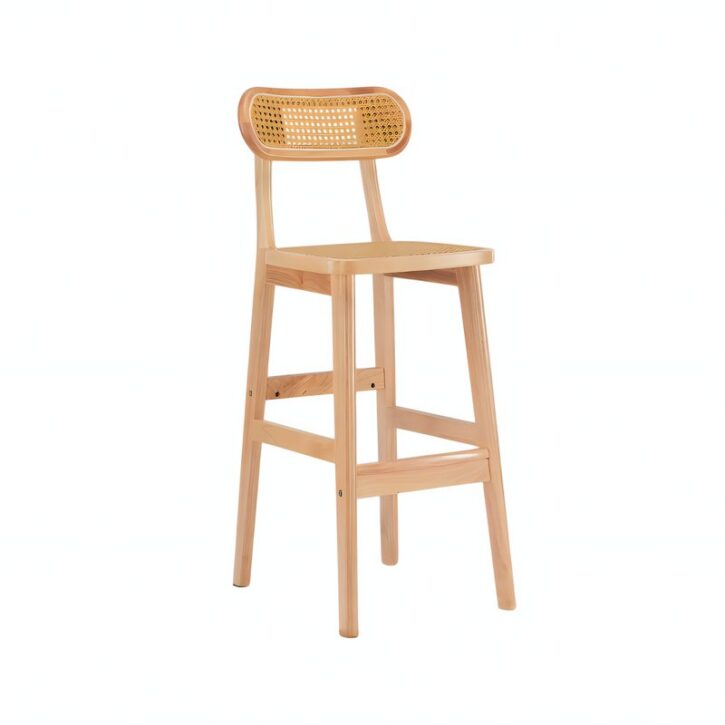 Chaise de bar en rotin et bois clair brut pour intérieur extérieur KASSIS