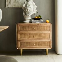 Commode en rotin et en bois brut clair de rangement rétro design chic ALESSIO