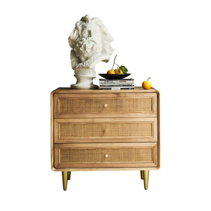 Commode en rotin et en bois brut clair de rangement rétro design chic ALESSIO