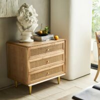 Commode en rotin et en bois brut clair de rangement rétro design chic ALESSIO