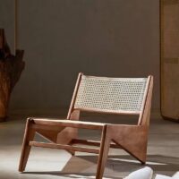 Fauteuil en rotin et bois design anguleux et rectiligne confortable NOVA