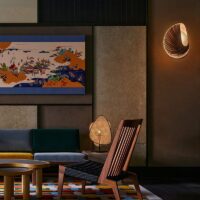 Lampe rotin et bambou de table design abstrait et moderne GANDI