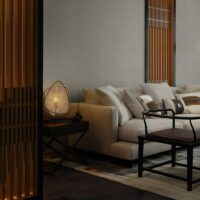 Lampe rotin et bambou de table design abstrait et moderne GANDI