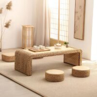 Table basse en rotin et bois avec pouf en rotin pour salon ensemble JUSSA