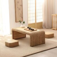 Table basse en rotin et bois avec pouf en rotin pour salon ensemble JUSSA