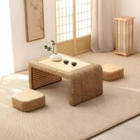 Table basse en rotin et bois avec pouf en rotin pour salon ensemble JUSSA