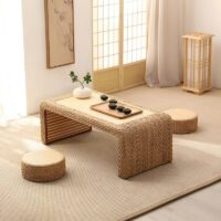 Table basse en rotin et bois avec pouf en rotin pour salon ensemble JUSSA