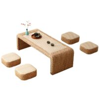 Table basse en rotin et bois avec pouf en rotin pour salon ensemble JUSSA