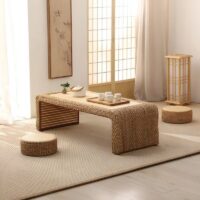 Table basse en rotin et bois avec pouf en rotin pour salon ensemble JUSSA