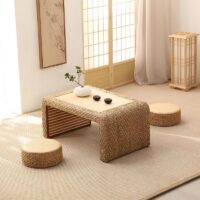 Table basse en rotin et bois avec pouf en rotin pour salon ensemble JUSSA