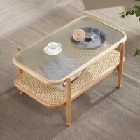 Table basse en rotin rectangulaire style nordique double plateau MARCEL