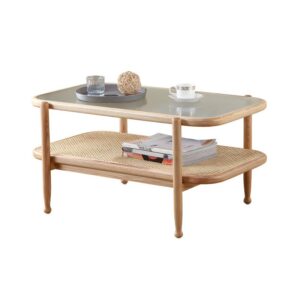 Table basse en rotin rectangulaire style nordique double plateau MARCEL
