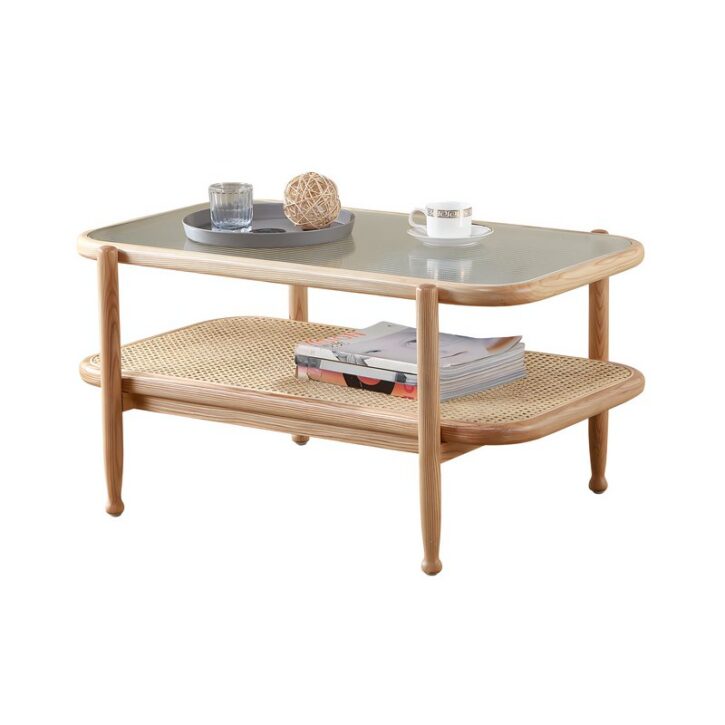 Table basse en rotin rectangulaire style nordique double plateau MARCEL