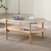 Table basse en rotin rectangulaire style nordique double plateau MARCEL