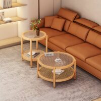 Table basse en rotin ronde style nordique double plateau MARCEL