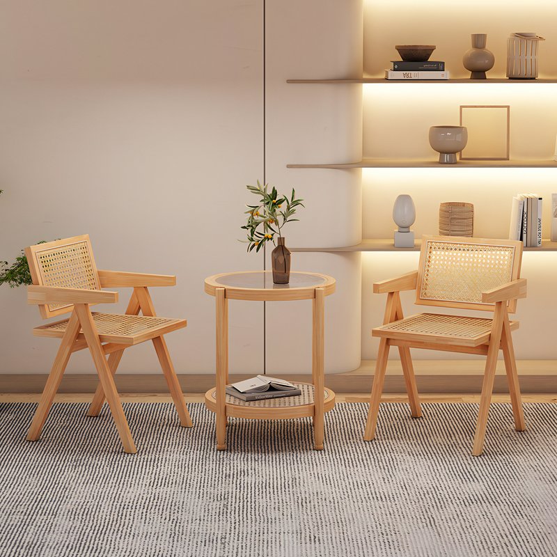 Table basse en rotin ronde style nordique double plateau MARCEL