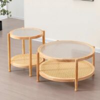 Table basse en rotin ronde style nordique double plateau MARCEL