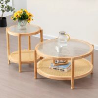 Table basse en rotin ronde style nordique double plateau MARCEL