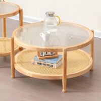 Table basse en rotin ronde style nordique double plateau MARCEL