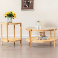Table basse en rotin ronde style nordique double plateau MARCEL