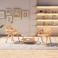 Table basse en rotin ronde style nordique double plateau MARCEL