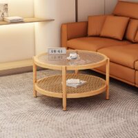 Table basse en rotin ronde style nordique double plateau MARCEL