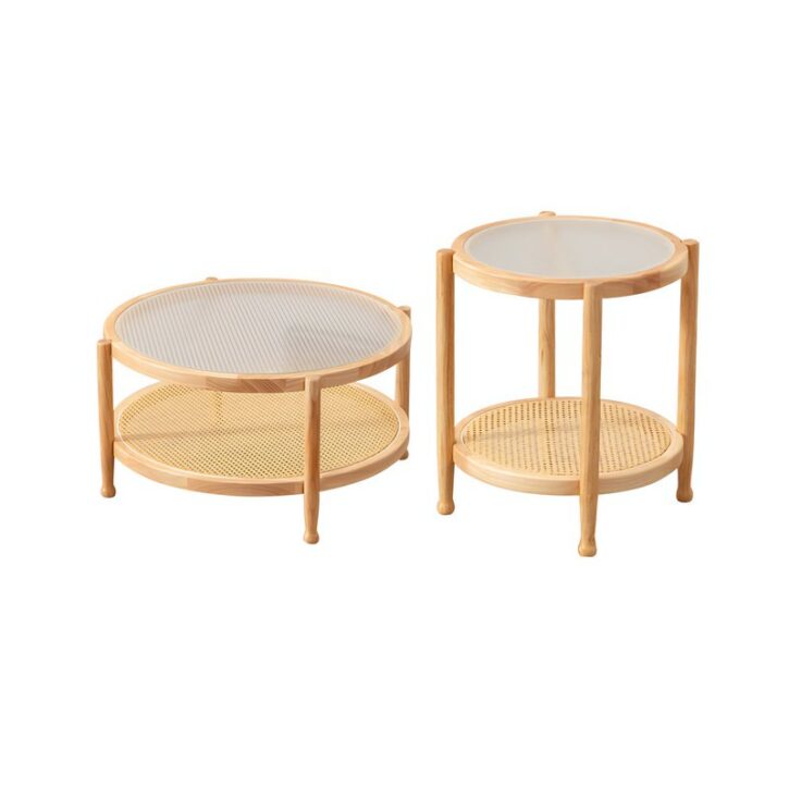 Table basse en rotin ronde style nordique double plateau MARCEL