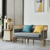 Canapé en rotin tressé et bambou avec coussin gris moderne tendance 2 places ALBERT