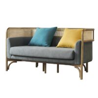 Canapé en rotin tressé et bambou avec coussin gris moderne tendance 2 places ALBERT