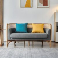 Canapé en rotin tressé et bambou avec coussin gris moderne tendance 2 places ALBERT