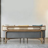 Canapé en rotin tressé et bambou avec coussin gris moderne tendance 3 places ALBERT