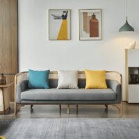 Canapé en rotin tressé et bambou avec coussin gris moderne tendance 3 places ALBERT