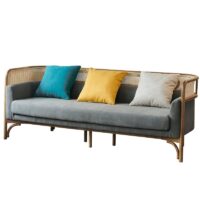 Canapé en rotin tressé et bambou avec coussin gris moderne tendance 3 places ALBERT