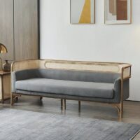 Canapé en rotin tressé et bambou avec coussin gris moderne tendance 3 places ALBERT
