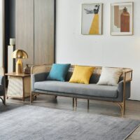 Canapé en rotin tressé et bambou avec coussin gris moderne tendance 3 places ALBERT