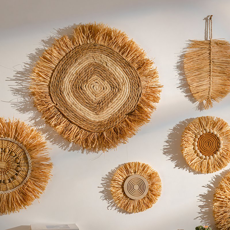 Décoration murale en rotin et paille bicolore effet naturel et shabby chic FOALE