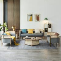 Fauteuil en rotin tressé et bambou avec coussin gris moderne tendance ALBERT