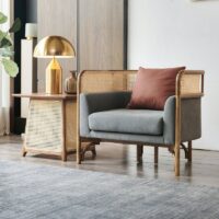 Fauteuil en rotin tressé et bambou avec coussin gris moderne tendance ALBERT