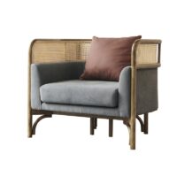 Fauteuil en rotin tressé et bambou avec coussin gris moderne tendance ALBERT