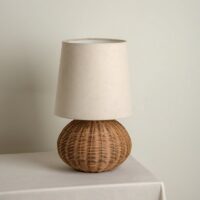 Lampe en rotin et osier boule avec abat jour en tissu beige WACI