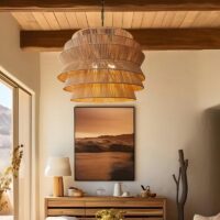 Lustre en rotin et corde naturelle volumineux avec structure en fer ENTO