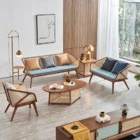 Salon en rotin tressé et bois foncé style français rétro-chic ALBERT