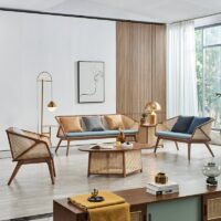 Salon en rotin tressé et bois foncé style français rétro-chic ALBERT