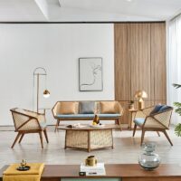 Salon en rotin tressé et bois foncé style français rétro-chic ALBERT